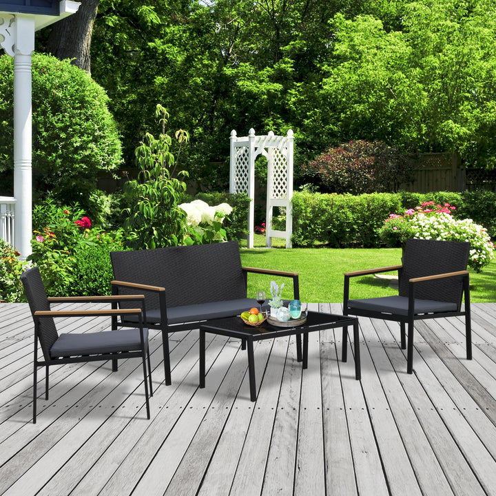 4PC Rattan Garden Furniture Set 2 Single Sofa Arm Chairs 1 Bench Loveseat with Cushions & Coffee Table Patio Backyard Wicker Weave