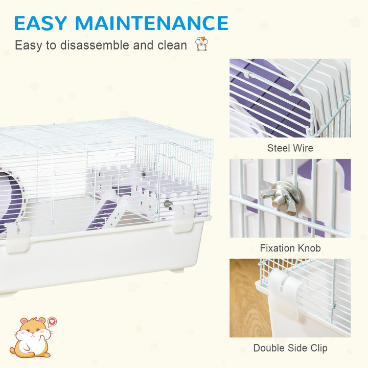 PawHut Two-Tier Hamster Cage Gerbil Haven Multi-Storey Rodent House Small Animal Habitat with Water Bottle, Excise Wheel, Ladder, White