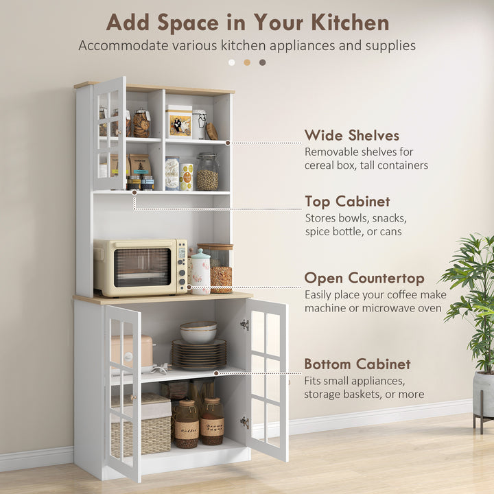 Kitchen Cupboard  Sideboard Storage Cabinet Unit w/ Counter Top Grid Glass Doors Shelves  80L x 37W x 183H cm - White