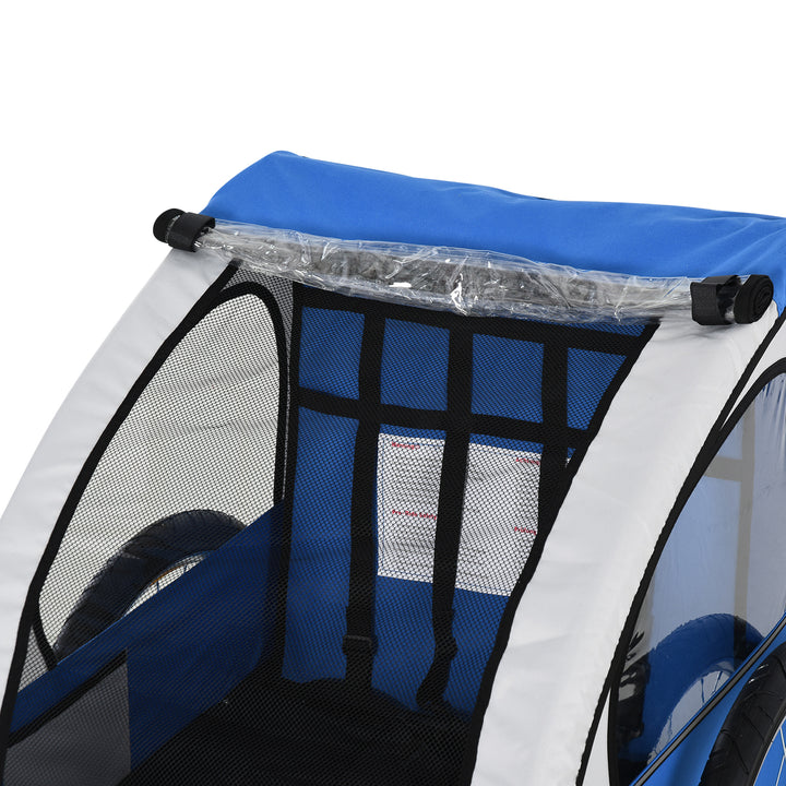 2 Seat Bike Trailer Bicycle wagon for Kids Child Steel Frame Safety Harness Seat Carrier Blue White 130 x 76 x 88 cm