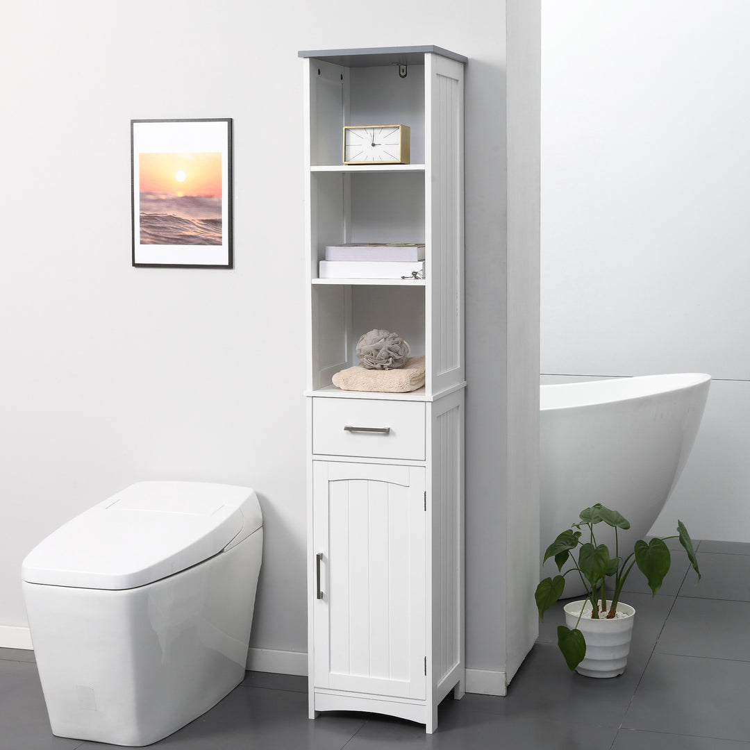 Tall Bathroom Storage Cabinet with 3 Tier Shelf, Cupboard, Drawer, Door, Freestanding Linen Tower, Slim Side Organizer, White