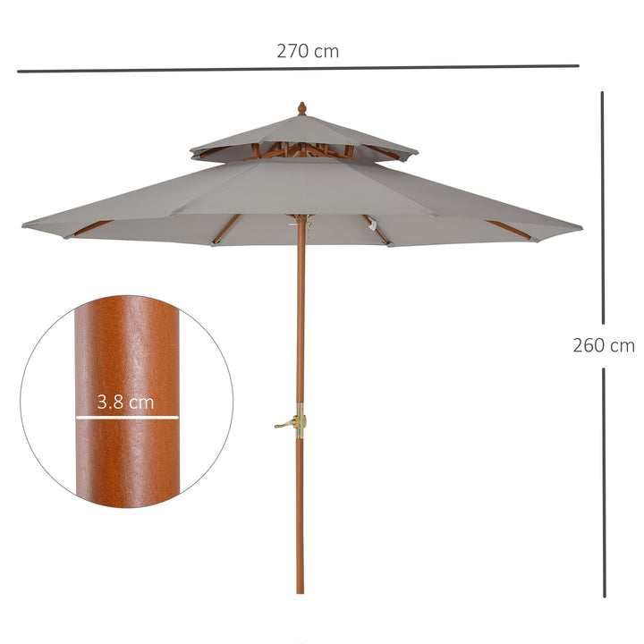 Outsunny 2.7 m Double Tier Outdoor Patio Garden Sun Umbrella Sunshade Wooden Parasol Grey Shade Canopy