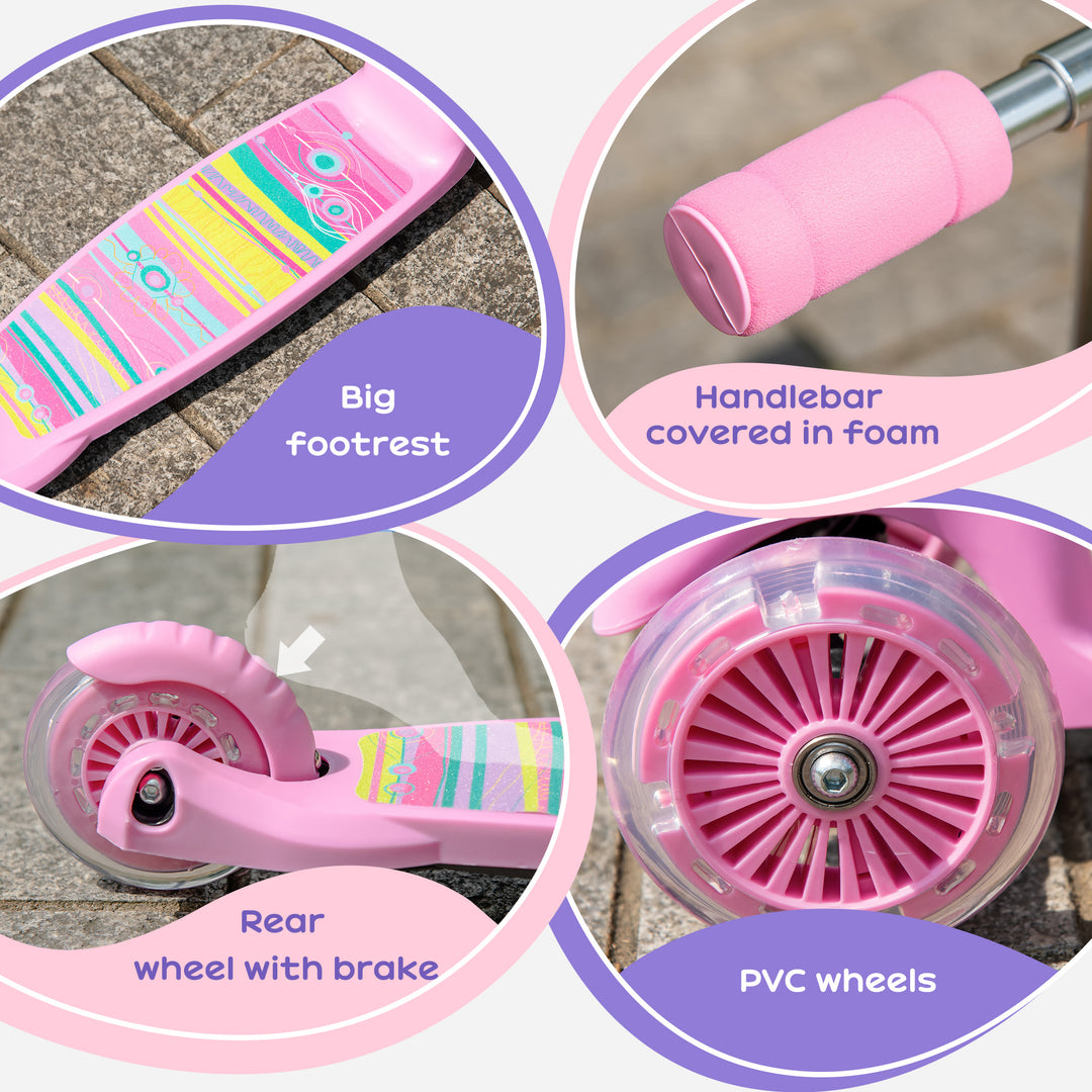 Scooter for Kids Toddler Foldable Kick Scooter with 3 Wheel Adjustable Height Flashing Wheels for Boys and Girls 3-8 Years Pink