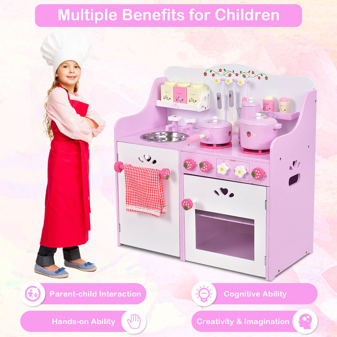 Kids Wooden Kitchen Playset with Oven and 13-Pieces Cookware