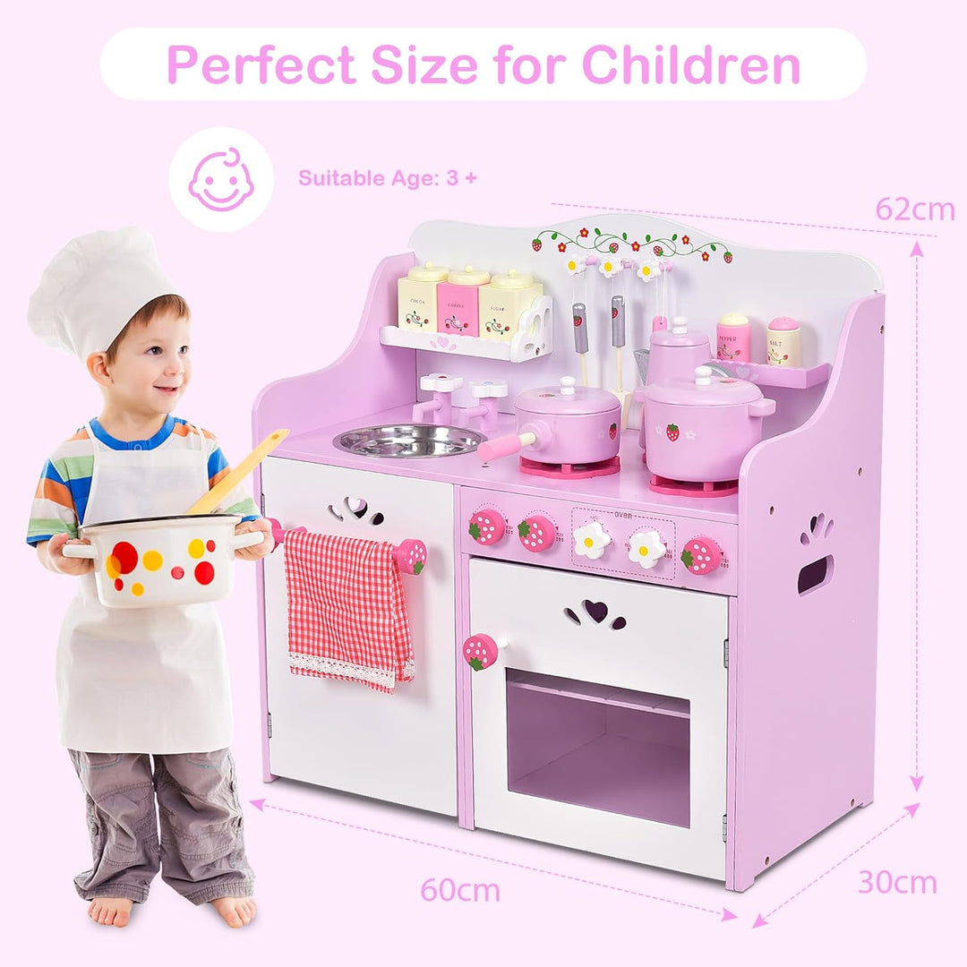 Kids Wooden Kitchen Playset with Oven and 13-Pieces Cookware