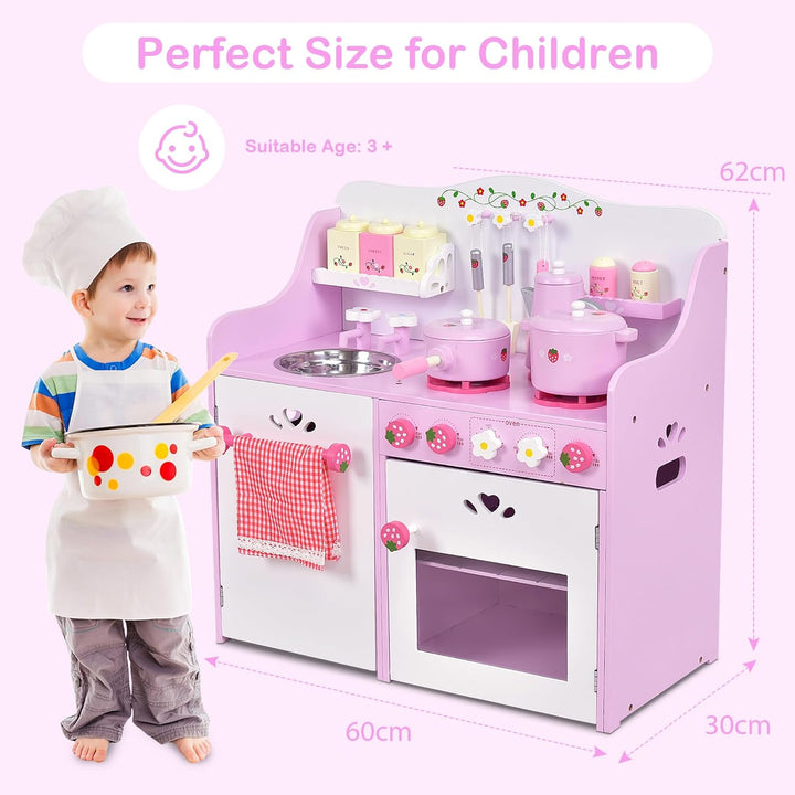 Kids Wooden Kitchen Playset with Oven and 13-Pieces Cookware
