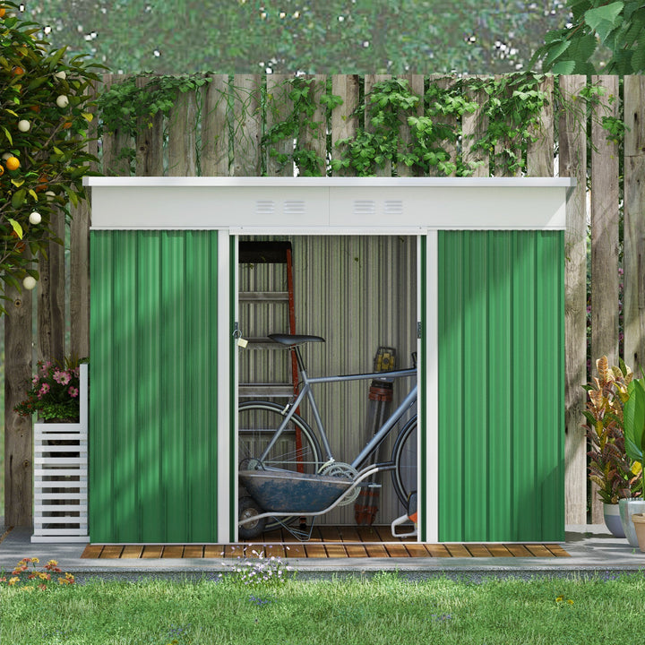 Outsunny 7.6 x 4.3ft Garden Storage Shed w/ Sliding Door Ventilation Window Sloped Roof Gardening Tool Storage Green