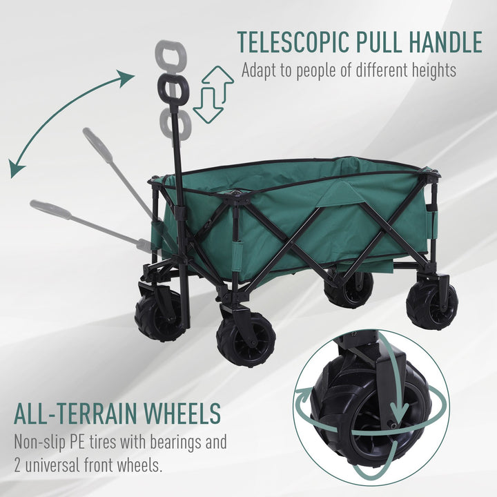 Outdoor Pull Along Cart Folding Cargo Wagon Trailer Trolley  for Beach Garden Use with Telescopic Handle, Anti-Slip Wheel - Green