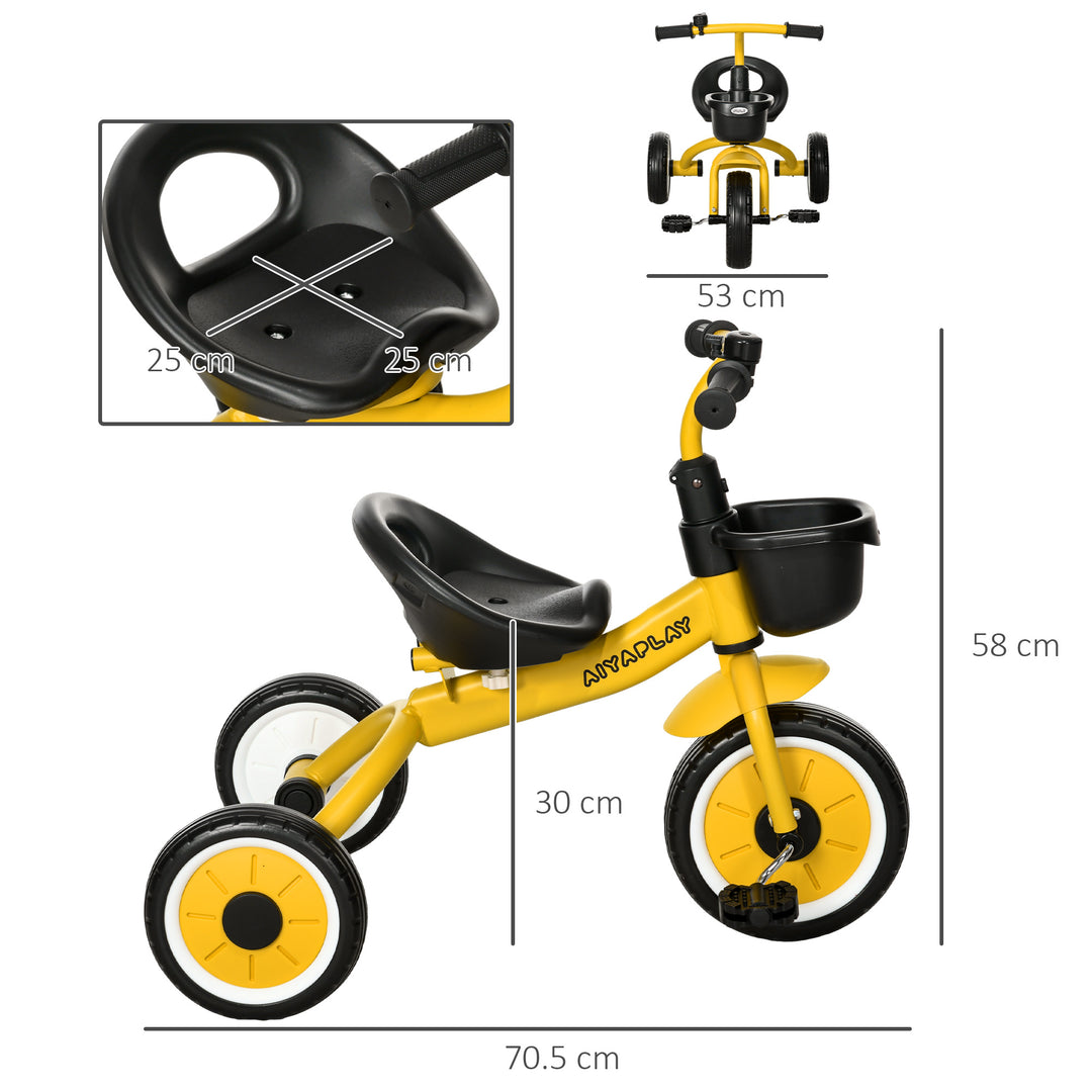 Kids Trike, Tricycle, with Adjustable Seat, Basket, Bell, for Ages 2-5 Years - Yellow