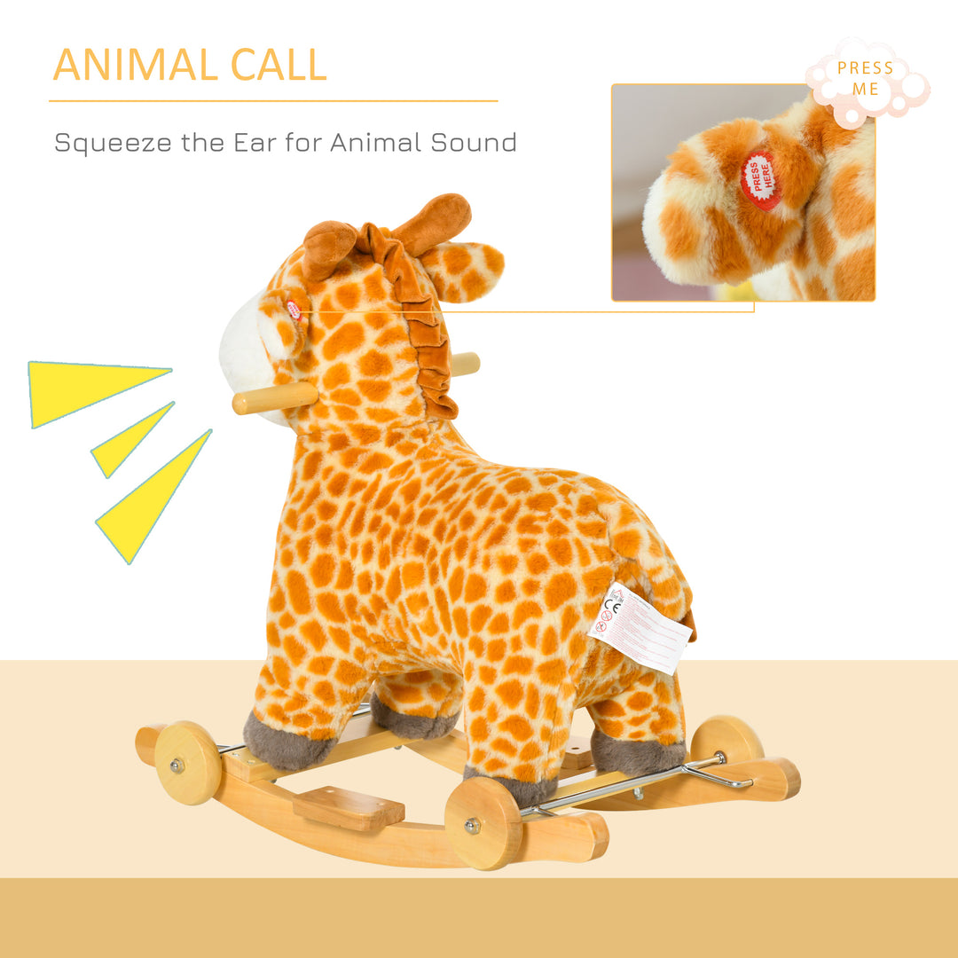 HOMCOM 2-IN-1 Kids Plush Ride-On Rocking Gliding Horse Giraffe-shaped Plush Toy Rocker with Realistic Sounds for Child 36-72 Months Yellow