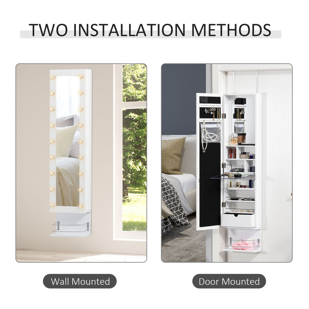 Jewellery Storage Mirror Cabinet Wall Mounted or Door Hanging w/ Hooks Shelves Drawer 18 Lights Brush Holder Vanity Makeup White