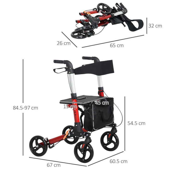 Folding Rollator Walker with Seat & Backrest, Lightweight Walking Frame w/ Adjustable Handle Height, 4 Wheeled Walker for Seniors, Handicapped, Red