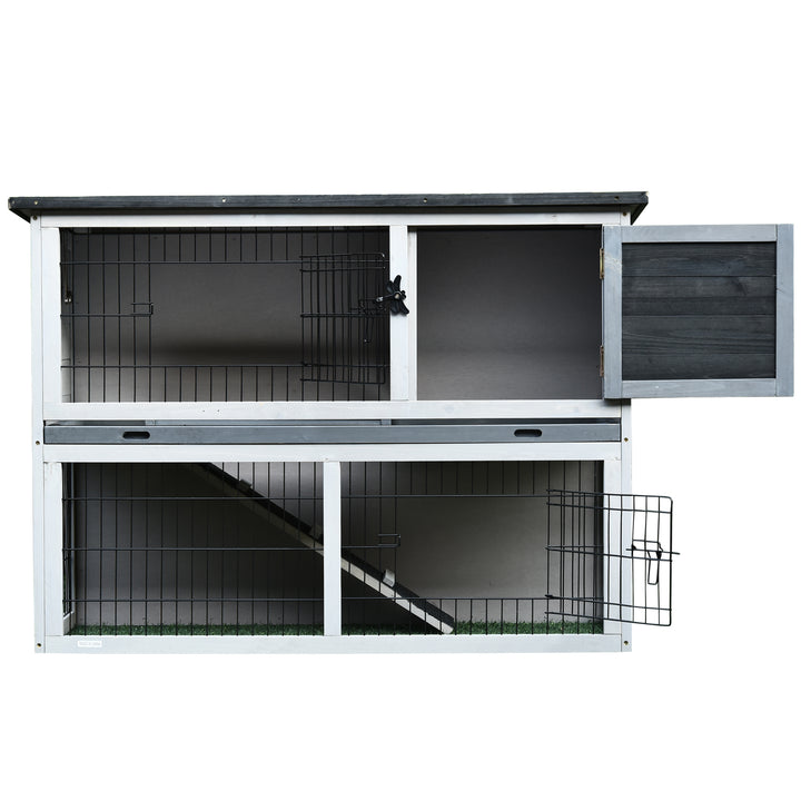 Small Animal Two-Level Fir Wood Hutch w/ Slide Out Tray Grey