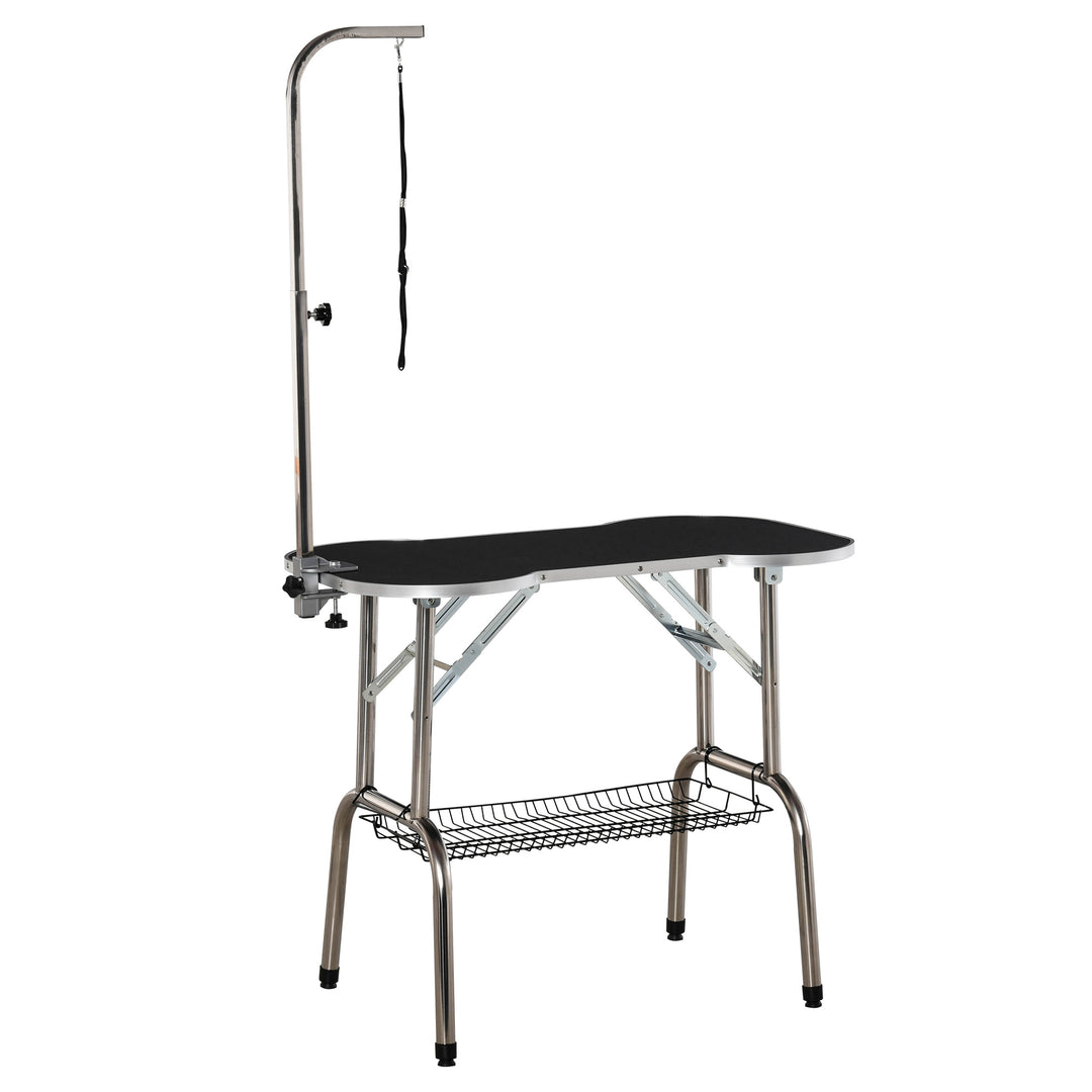 PawHut Foldable Pet Grooming Table Dog Drying Table with Adjustable Arm Non-Slip Rubber Tabletop Aluminium Alloy Edge Stainless Steel Bar Sling Black