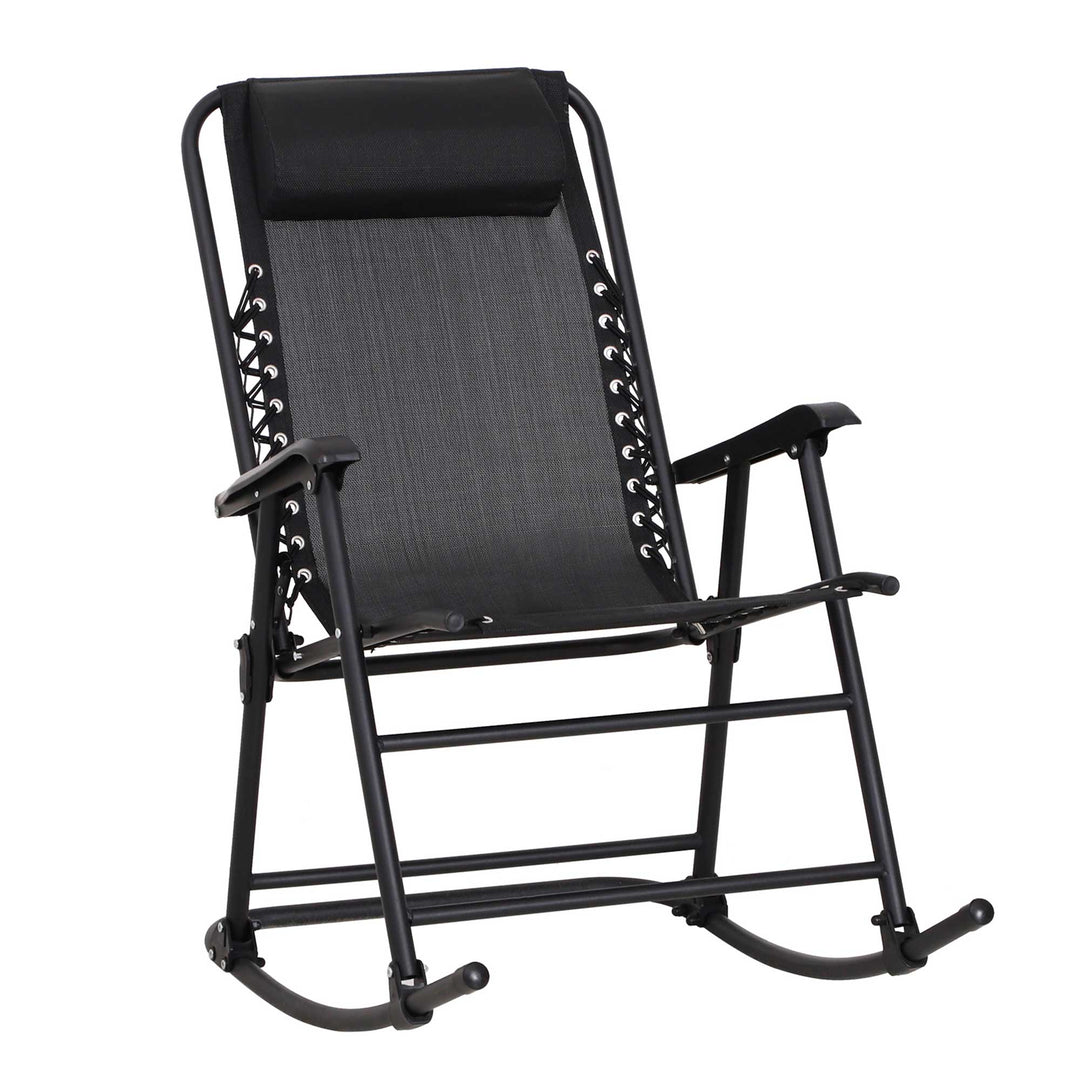 Garden Rocking Chair Folding Outdoor Adjustable Rocker Zero-Gravity Seat with Headrest Camping Fishing Patio Deck - Black