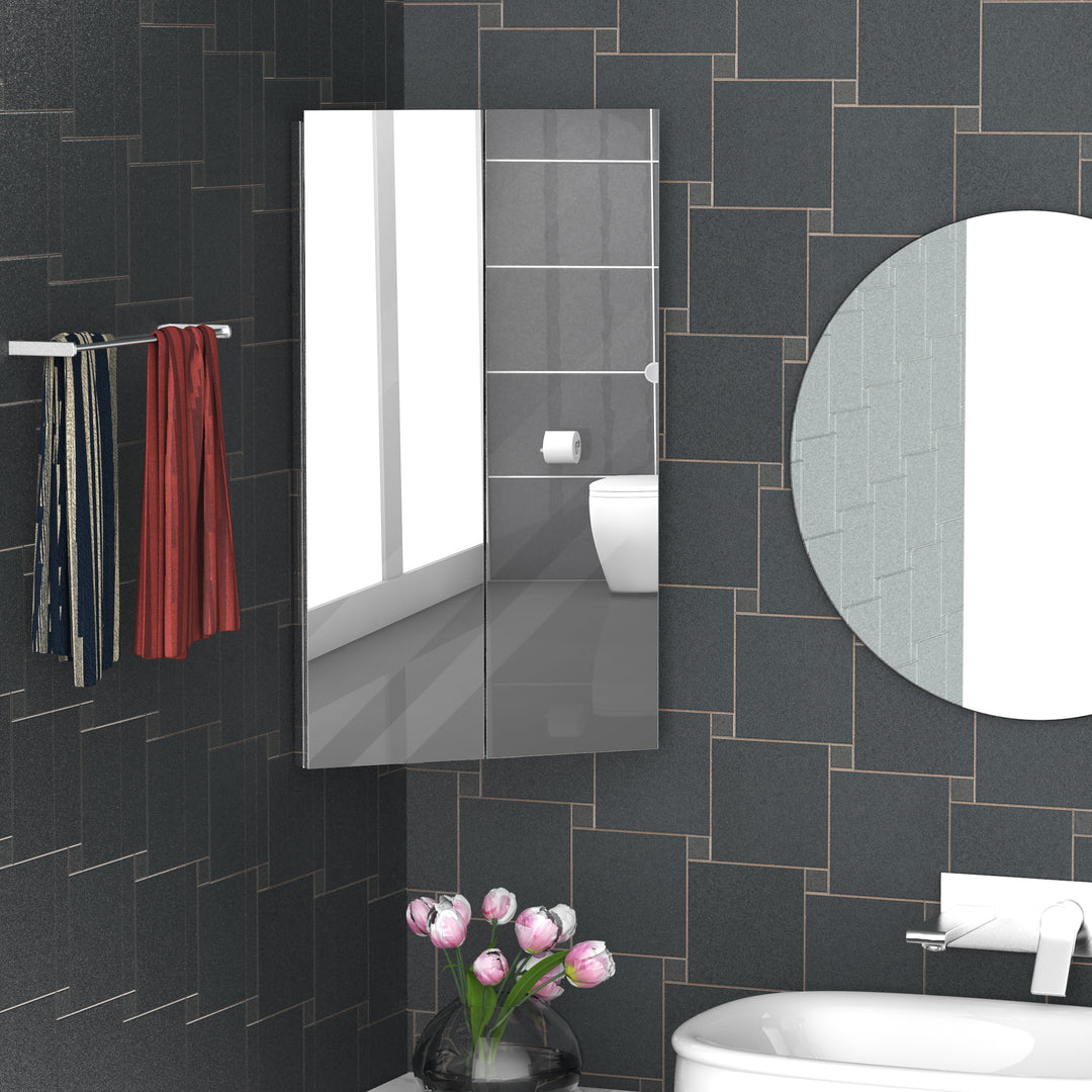 Corner Mirrored Bathroom Cabinet with 3 Shelves 2 Doors On-Wall Storage Unit Stainless Steel Frame