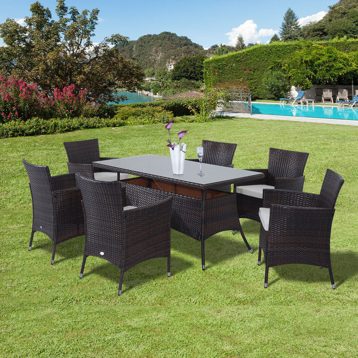 6-Seater Rattan Garden Furniture Dining Set 6-seater Patio Rectangular Table Cube Chairs Outdoor Fire Retardant Sponge Brown