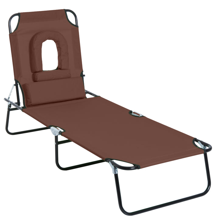 Sun Lounger Foldable Reclining Chair with Pillow and Reading Hole Garden Beach Outdoor Recliner Adjustable Brown