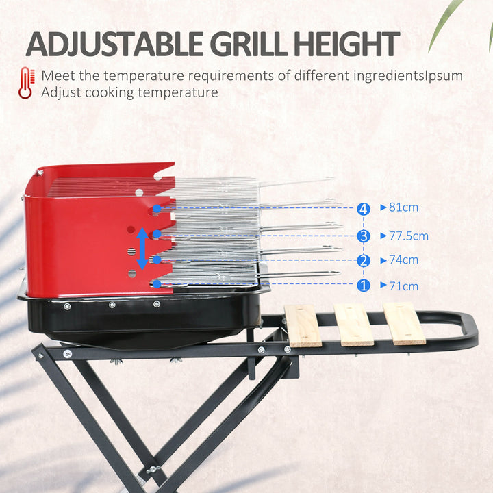 BBQ Grill Charcoal Barbecue Grill Garden Foldable BBQ Trolley w/ Windshield, Wheels, Side Trays, Red/Black