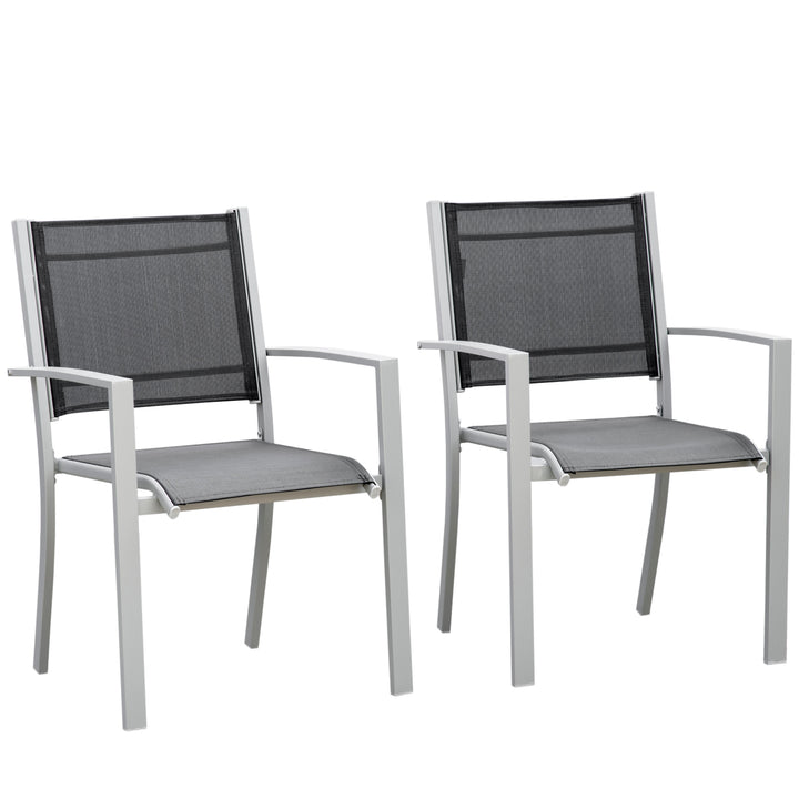 Set Of 2 Outdoor Chairs Square Steel Frame Texteline Seats Foot Caps Mesh Boxy Comfortable Easy Clean Black Grey
