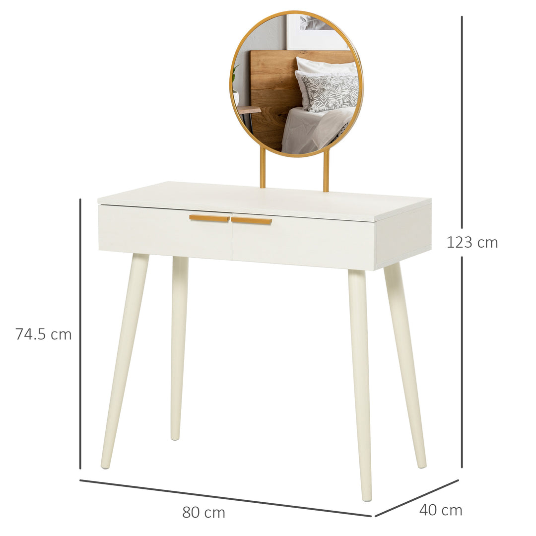 Modern Dressing Table with Round Mirror, Makeup Vanity Table with 2 Drawers for Bedroom, Living Room, White