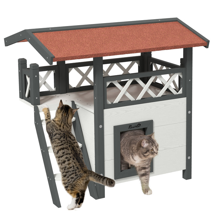 Cat House Outdoor w/ Balcony Stairs Roof, 77 x 50 x 73 cm, White