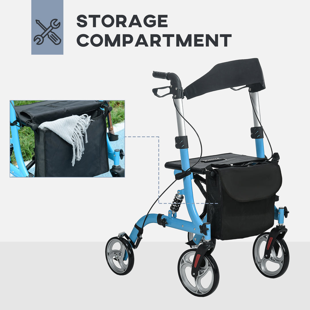 4 Wheel Rollator with Seat and Back, Lightweight Folding Mobility Walker with Large Wheels, Carry Bag, Adjustable Height, Aluminium Walking Frame with Dual Brakes for Seniors, Blue