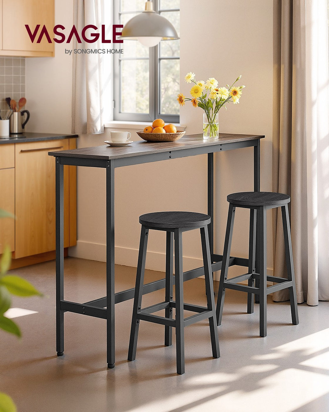 Set of 2 Bar Stools with Metal Frame and Footrest