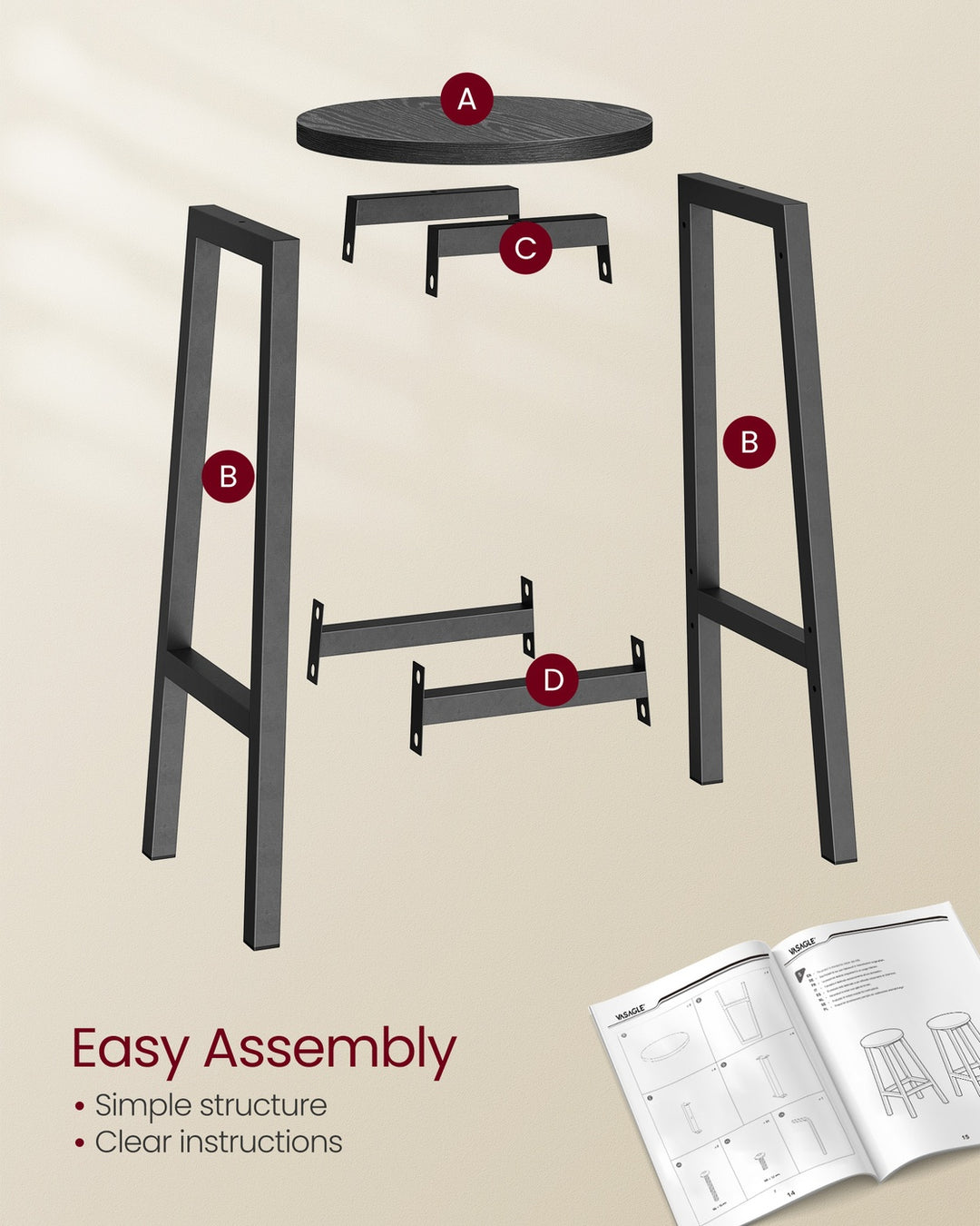 Set of 2 Bar Stools with Metal Frame and Footrest