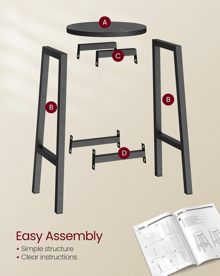 Set of 2 Bar Stools with Metal Frame and Footrest