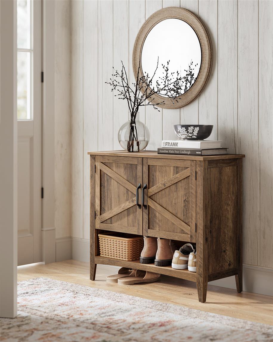 3-Tier Shoe Cabinet with Height-Adjustable Shelf - Honey Brown