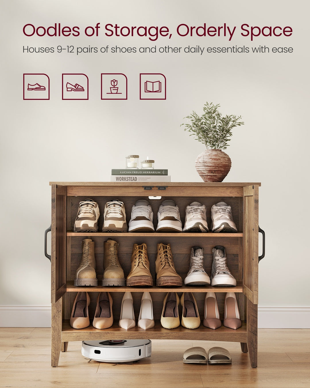 3-Tier Shoe Cabinet with Height-Adjustable Shelf - Honey Brown