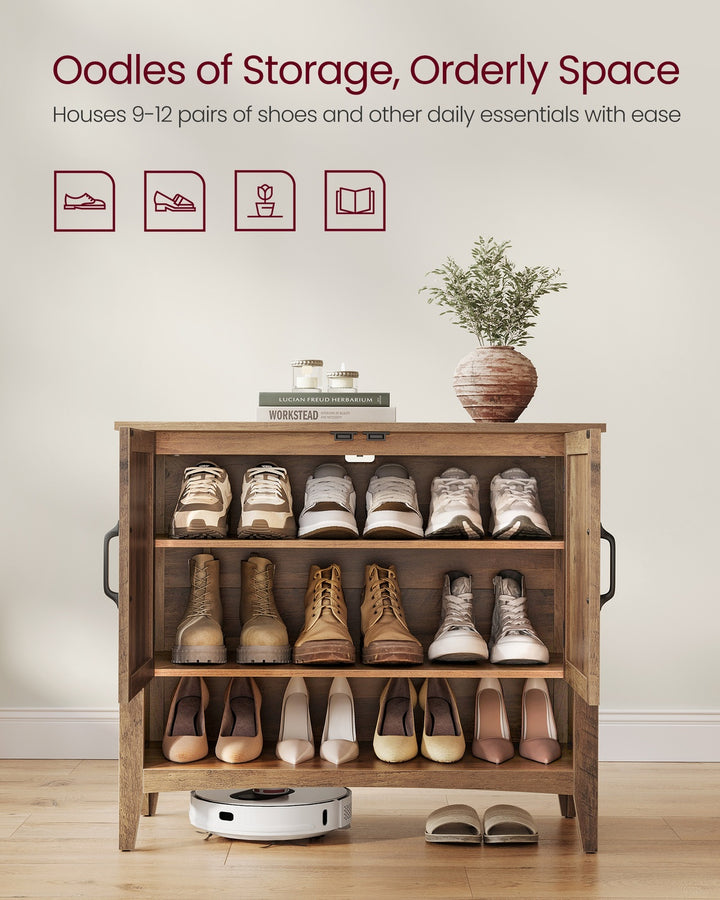 3-Tier Shoe Cabinet with Height-Adjustable Shelf - Honey Brown