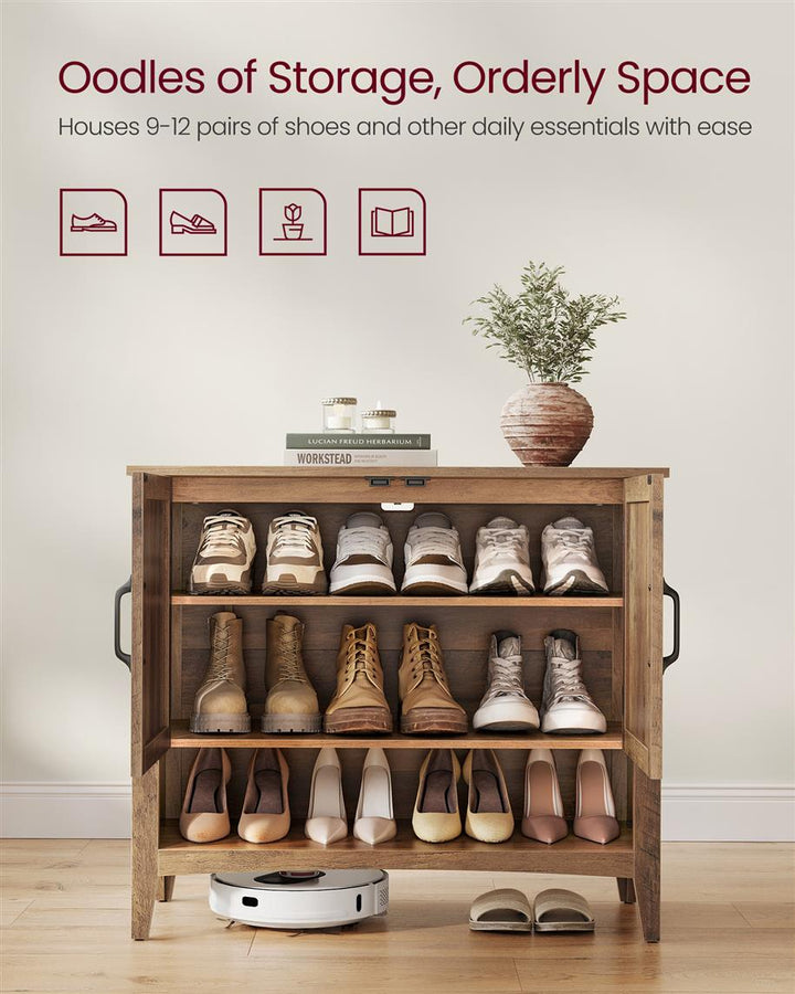3-Tier Shoe Cabinet with Height-Adjustable Shelf - Honey Brown