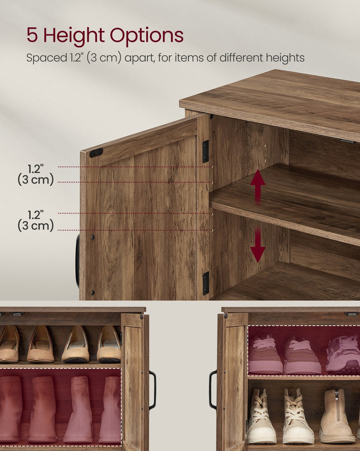 3-Tier Shoe Cabinet with Height-Adjustable Shelf - Honey Brown