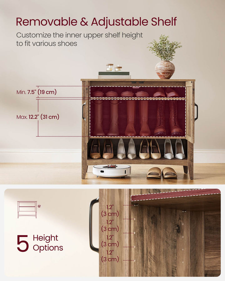 3-Tier Shoe Cabinet with Height-Adjustable Shelf - Honey Brown