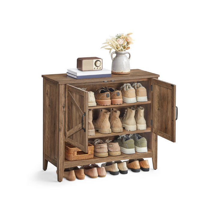 3-Tier Shoe Cabinet with Height-Adjustable Shelf - Honey Brown