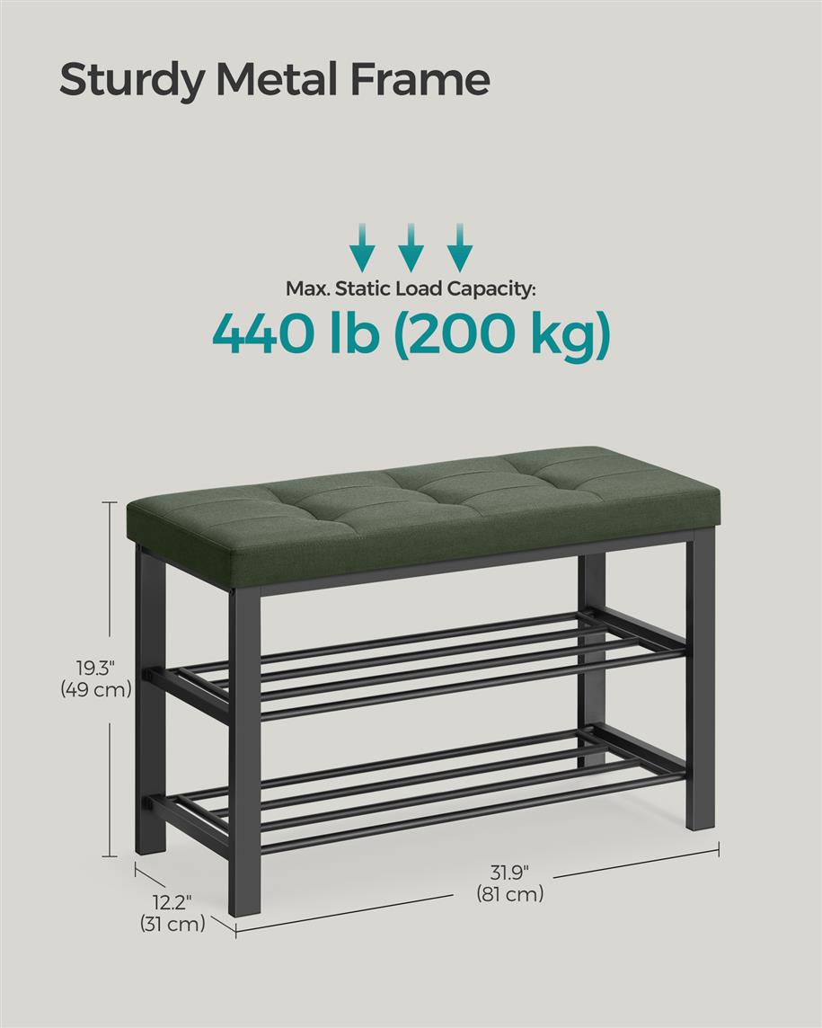 3-Tier Shoe Rack for Entryway Organizer with Foam Padded Seat - Green