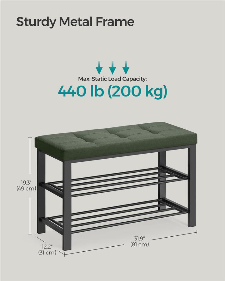 3-Tier Shoe Rack for Entryway Organizer with Foam Padded Seat - Green