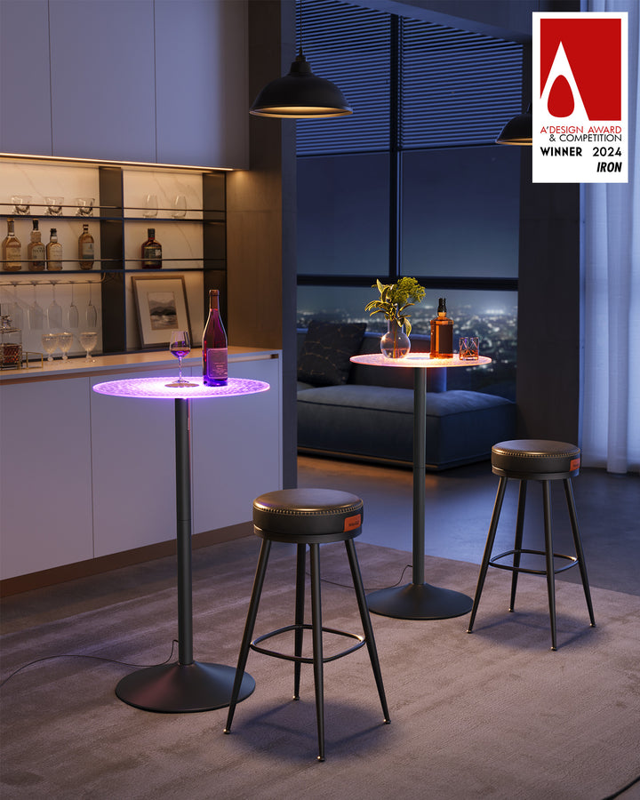 Round Cocktail Table with Multi-Colored Lights and Glass Top - Cloud White