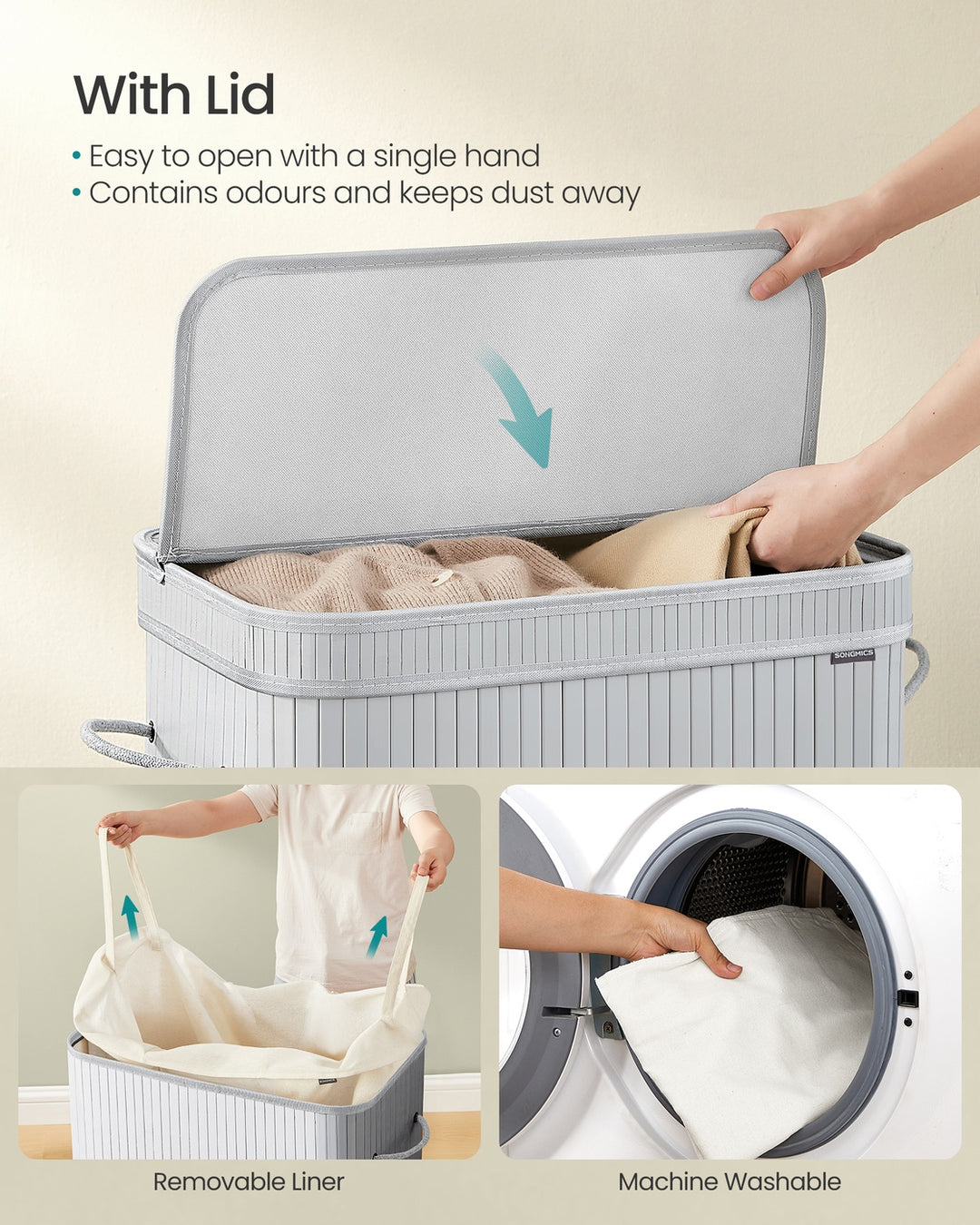 Laundry Hamper with Lid and Handles- Grey