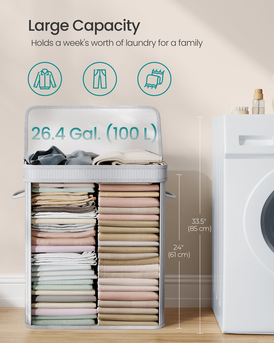 Laundry Hamper with Lid and Handles- Grey