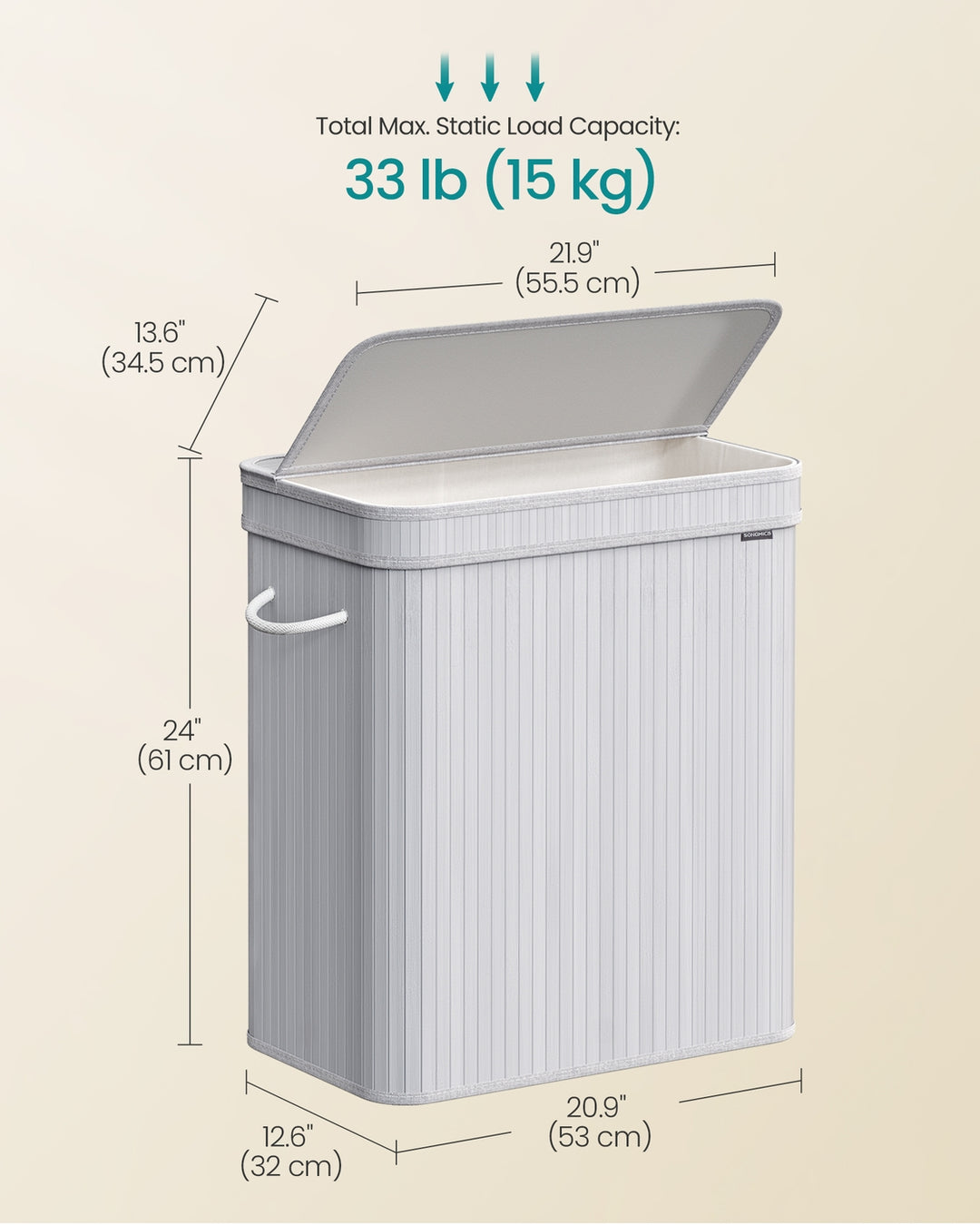 Laundry Hamper with Lid and Handles- Grey