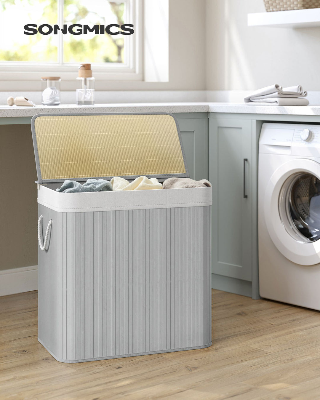 Foldable Laundry Hamper Basket with 3 Sections- Grey