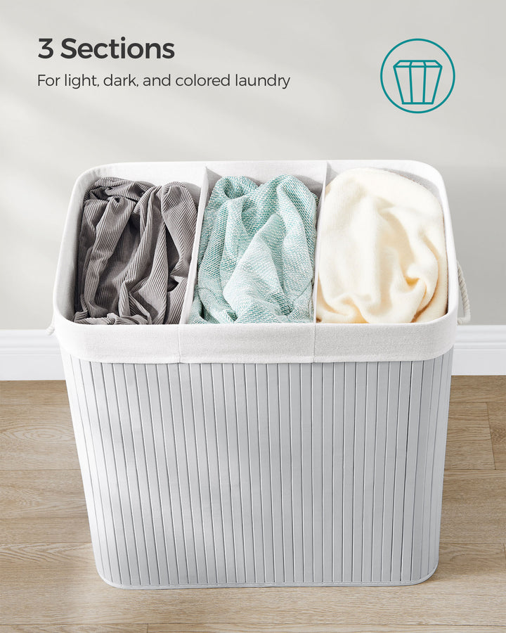 Foldable Laundry Hamper Basket with 3 Sections- Grey