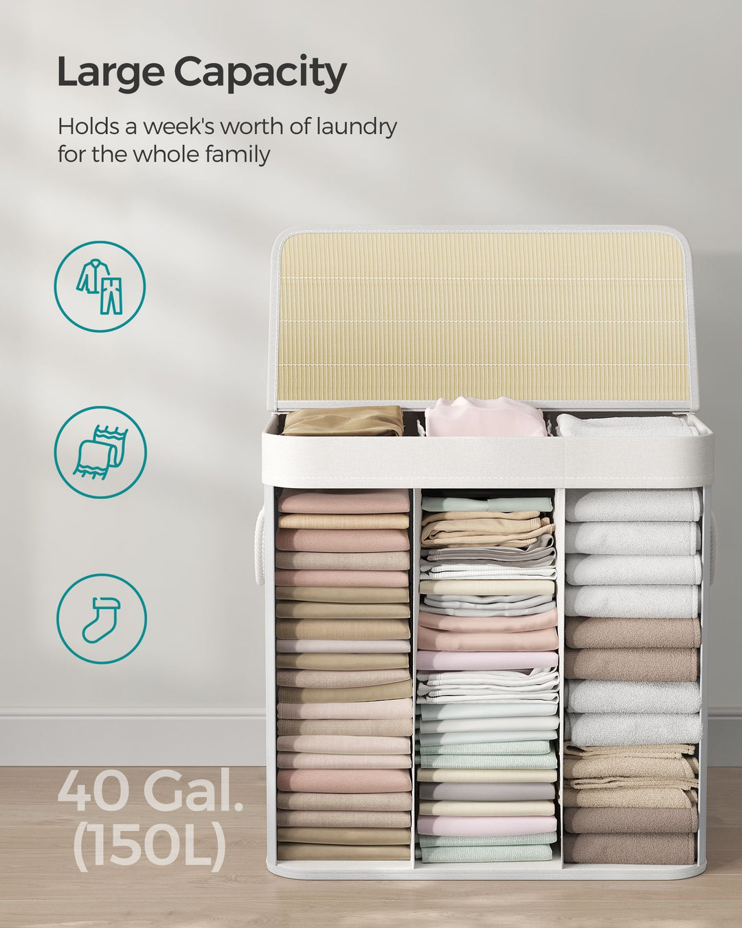 3-Section Laundry Hamper with Lid and Handles 150L