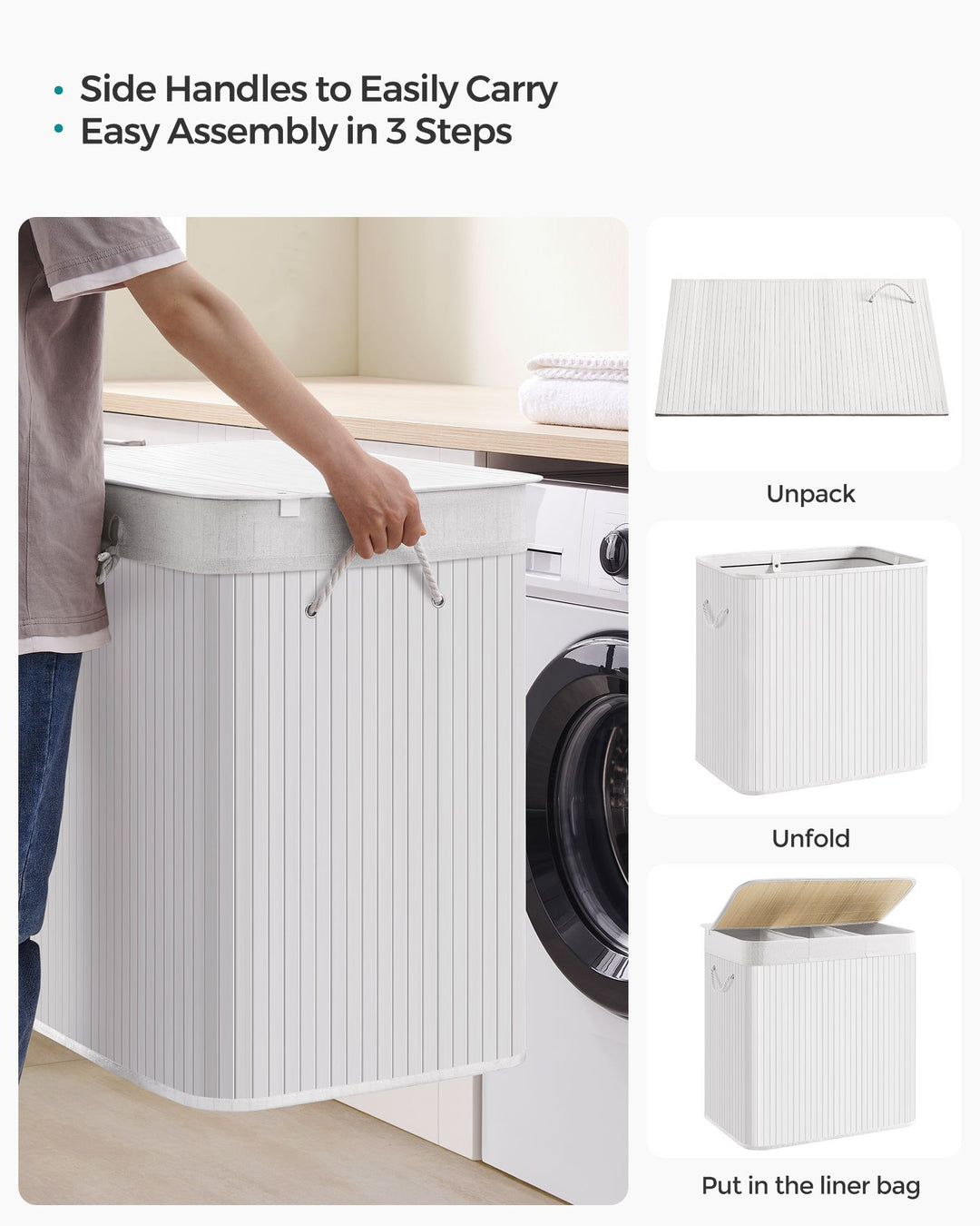 3-Section Laundry Hamper with Lid and Handles 150L