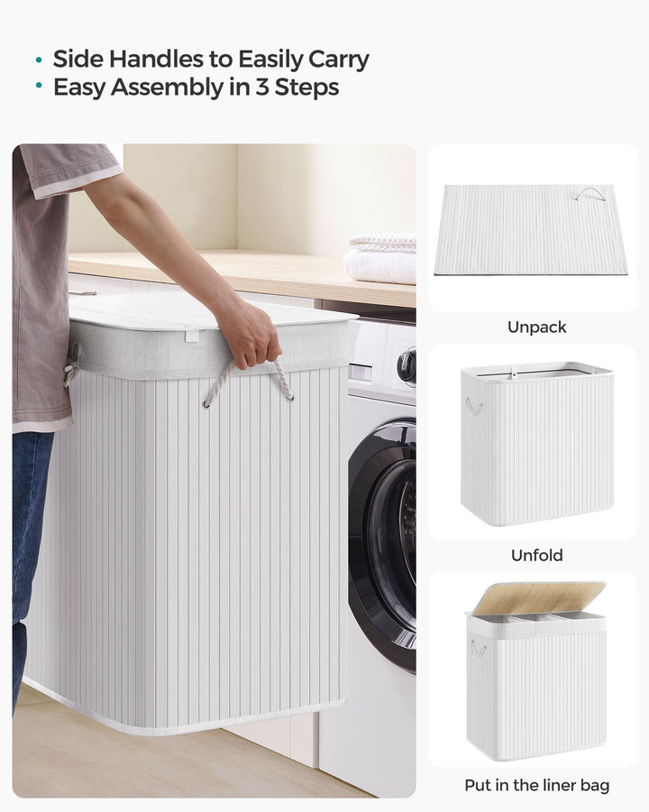3-Section Laundry Hamper with Lid and Handles 150L