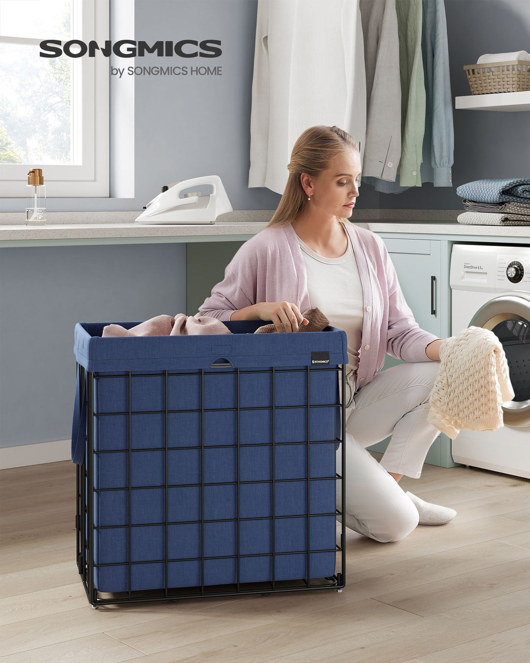 29 Gal (110L) Laundry Basket, Collapsible Clothes Hamper, Removable and Washable Liner - Charcoal Blue