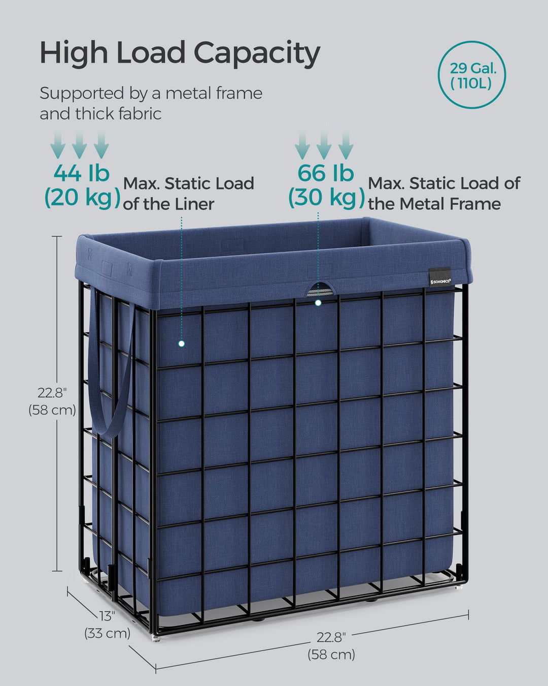29 Gal (110L) Laundry Basket, Collapsible Clothes Hamper, Removable and Washable Liner - Charcoal Blue